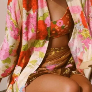 Kimono long femme rose fleuri — Botan vue 3