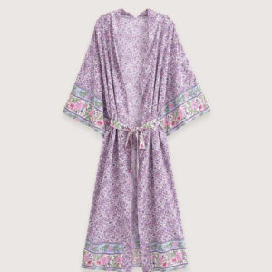 Kimono Long Violet Fleuri Femme — Drap Japonais Floral
