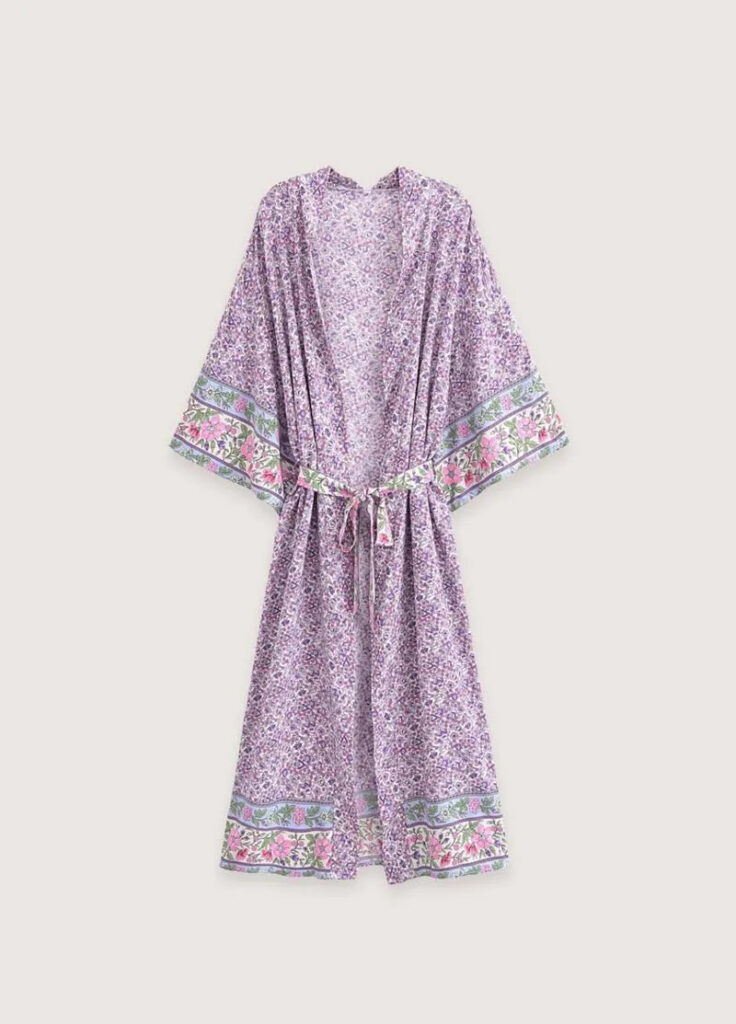 Kimono Long Violet Fleuri Femme — Drap Japonais Floral