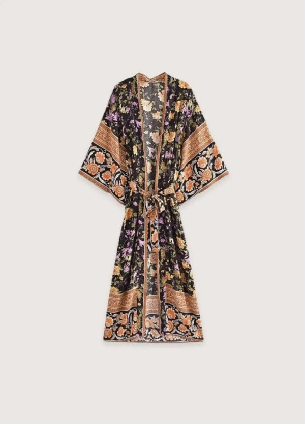Kimono long fleuri noir orange — Yoru