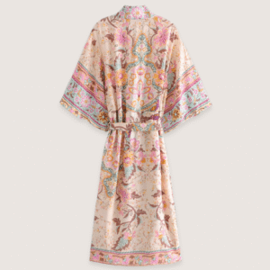Kimono long fleuri rose pâle vue 2