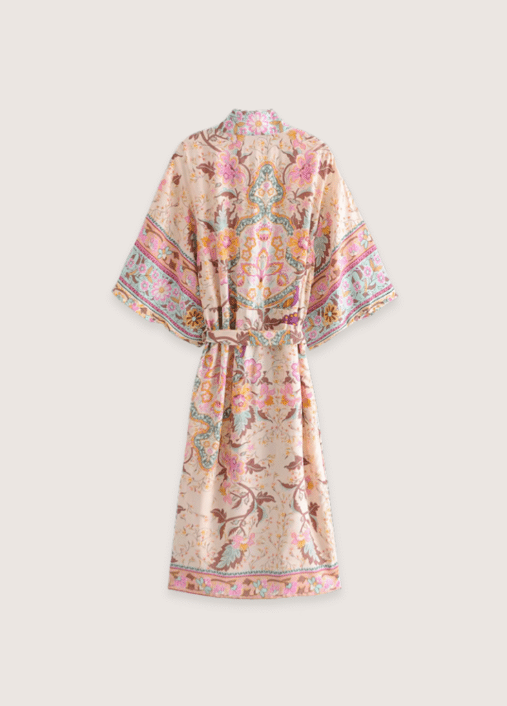 Kimono long fleuri rose pâle