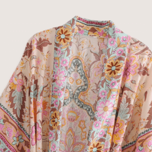 Kimono long fleuri rose pâle vue 3