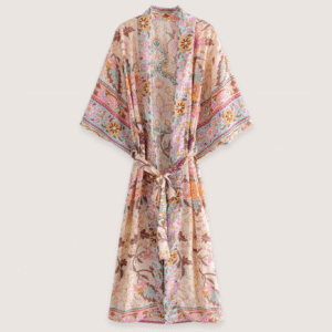 Kimono long fleuri rose pâle