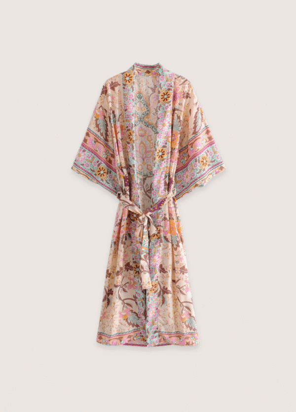 Kimono long fleuri rose pâle