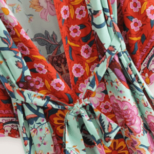 Kimono long fleuri vert grisé vue 3