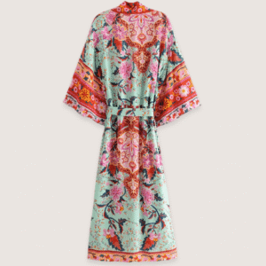 Kimono long fleuri vert grisé vue 2