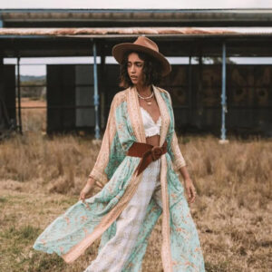 Kimono long fluide bleu bohème — Ao vue 2