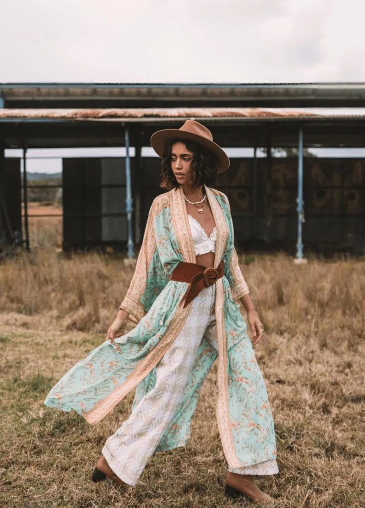 Kimono long fluide bleu bohème — Ao