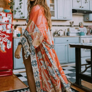 Kimono long imprimé orange — Daidai