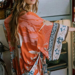 Kimono long imprimé orange — Daidai - Angle différent