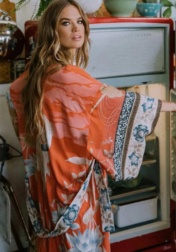 Kimono long imprimé orange — Daidai