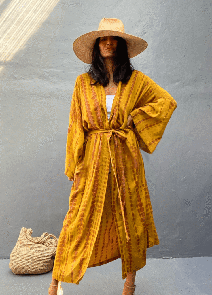Kimono long jaune à imprimé Tie Dye avec ceinture