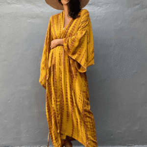 Kimono long jaune à imprimé Tie Dye avec ceinture