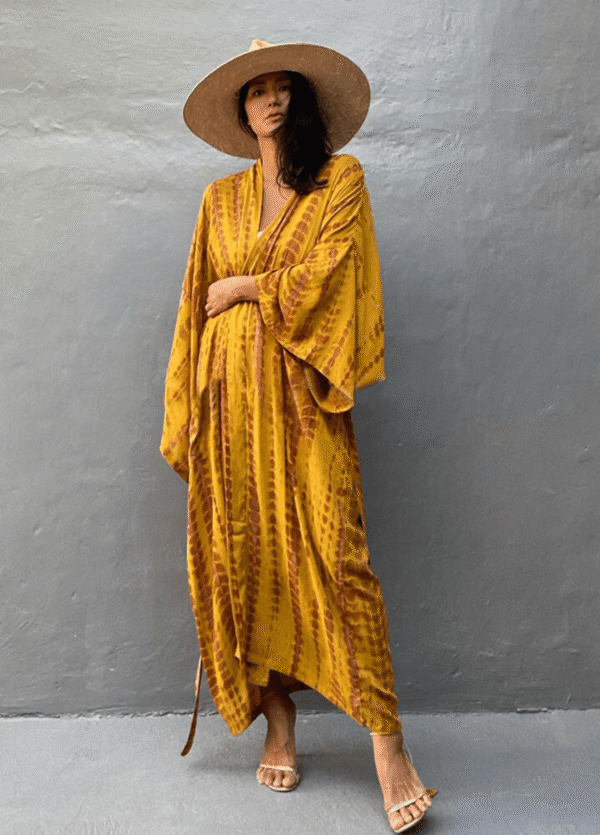 Kimono long jaune à imprimé Tie Dye avec ceinture
