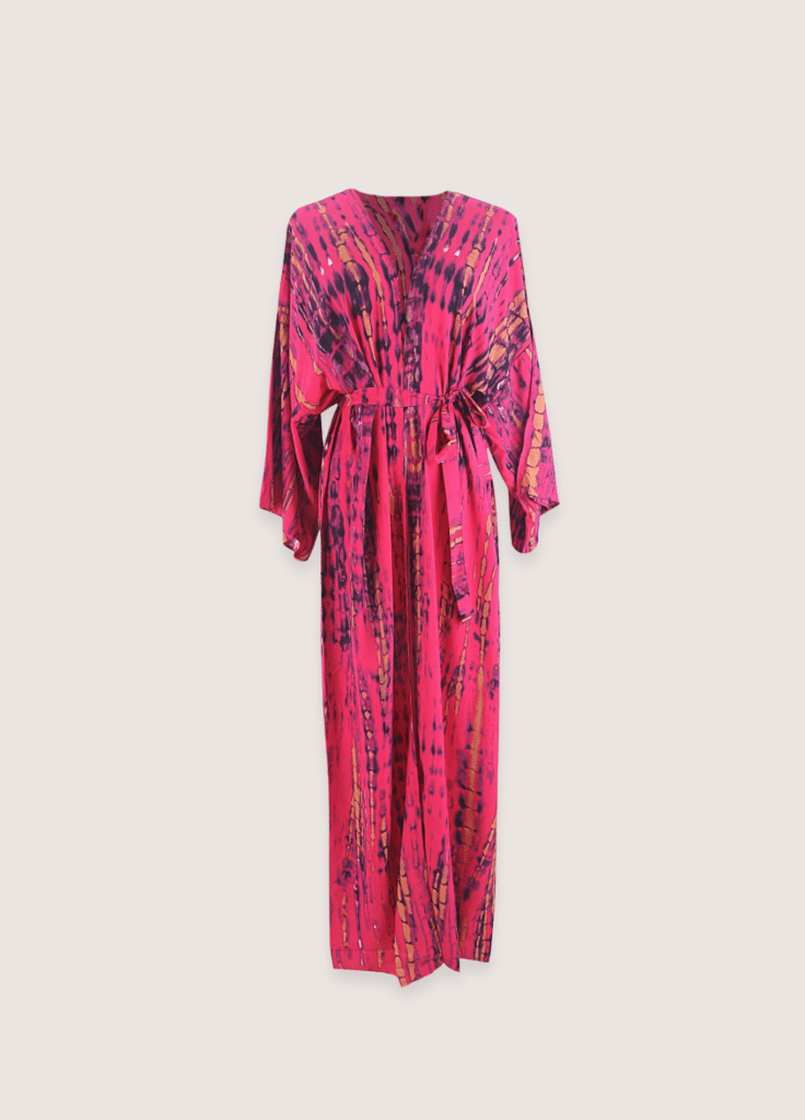 Kimono long rose fuchsia à imprimé Tie Dye