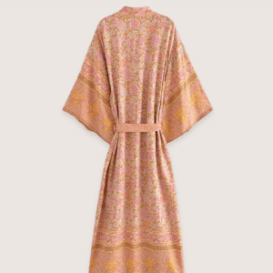 Kimono long rose saumon à motif fleuri vue 2