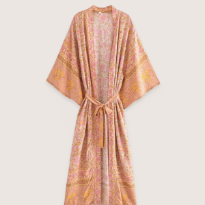 Kimono long rose saumon à motif fleuri
