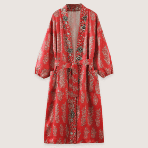 Kimono long rouge à motif fleuri