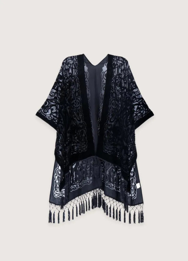 Kimono poncho noir brodé — Yamikiri