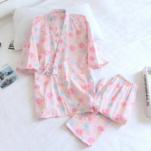 Kimono pyjama femme rose fleurie — Sakura vue 2