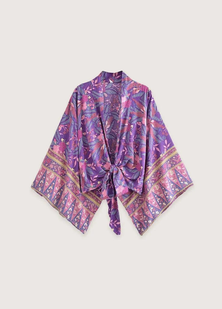 Kimono t-shirt court violet fleuri — Anzu