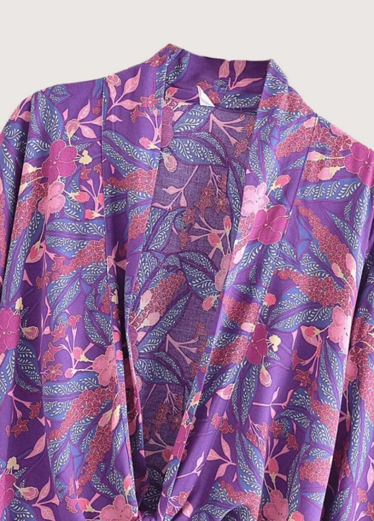 Kimono t-shirt court violet fleuri — Anzu