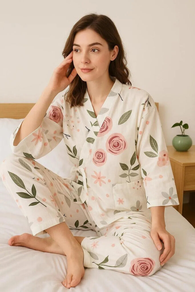 Pyjama kimono blanc floral — Hana