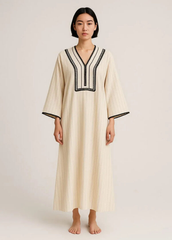 Robe Kimono Japonaise Ivoire Rayee Femme — Coupe Longue Fluide