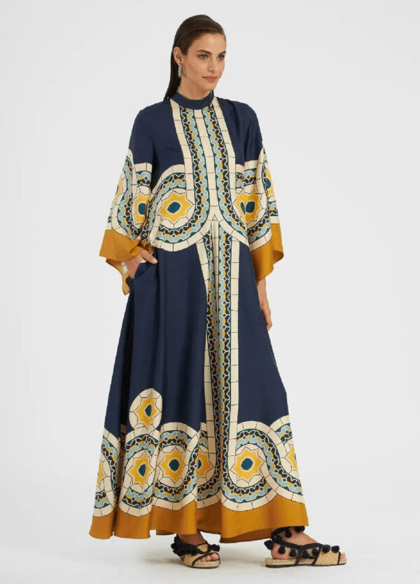 Robe Kimono de Soiree Bleu et Creme Femme — Motifs Geometriques