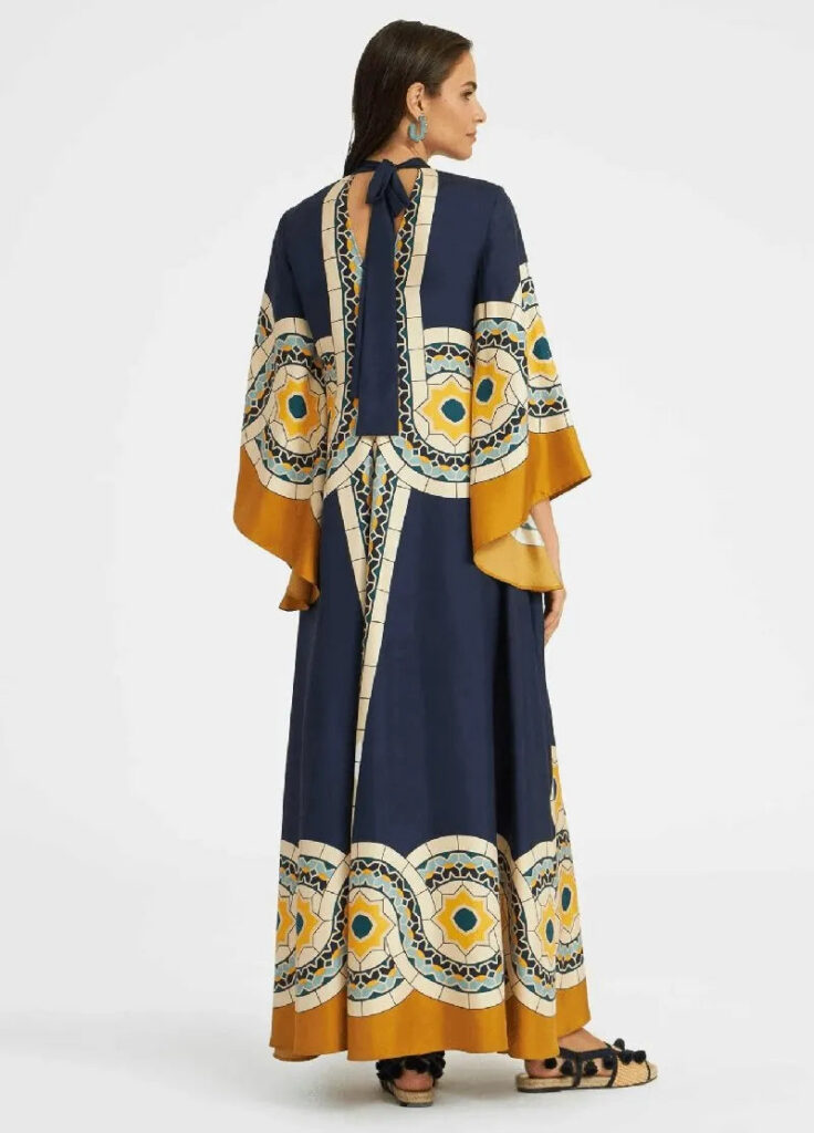 Robe Kimono de Soiree Bleu et Creme Femme — Motifs Geometriques
