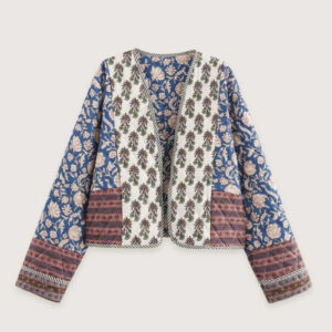 Veste Kimono Matelassee Bleue Femme — Patchwork Floral Japonais