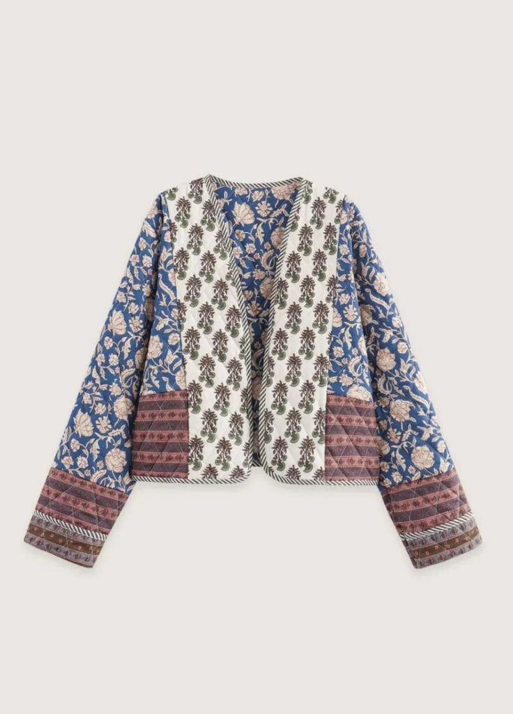 Veste Kimono Matelassee Bleue Femme — Patchwork Floral Japonais