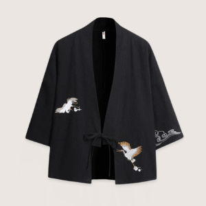 Veste kimono noir en lin — Les deux grues