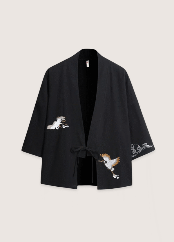 Veste kimono noir en lin — Les deux grues