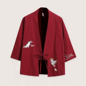 Veste kimono rouge en lin — Les deux grues
