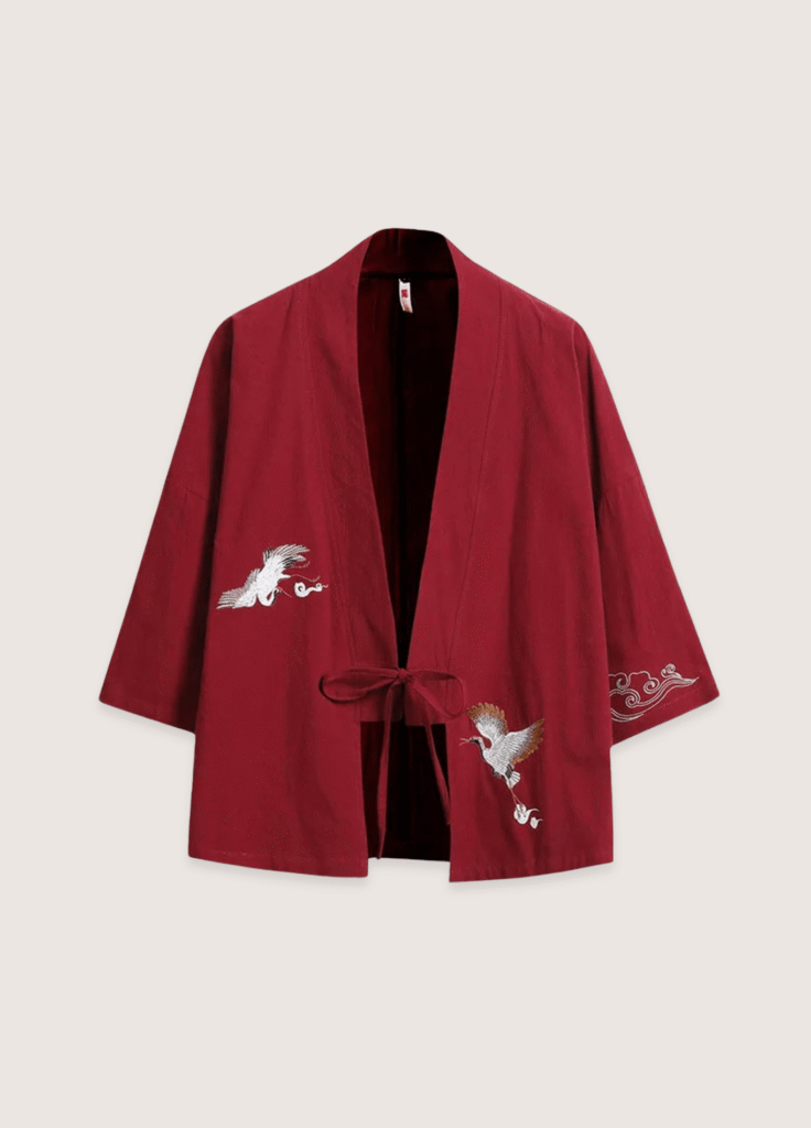 Veste kimono rouge en lin — Les deux grues